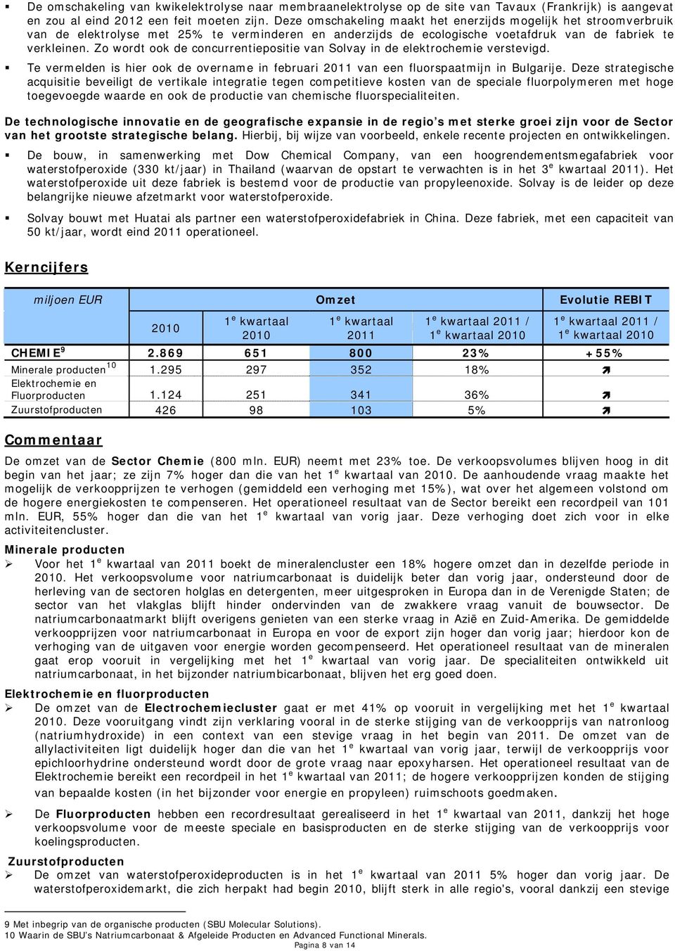 Zo wordt ook de concurrentiepositie van Solvay in de elektrochemie verstevigd. Te vermelden is hier ook de overname in februari 2011 van een fluorspaatmijn in Bulgarije.
