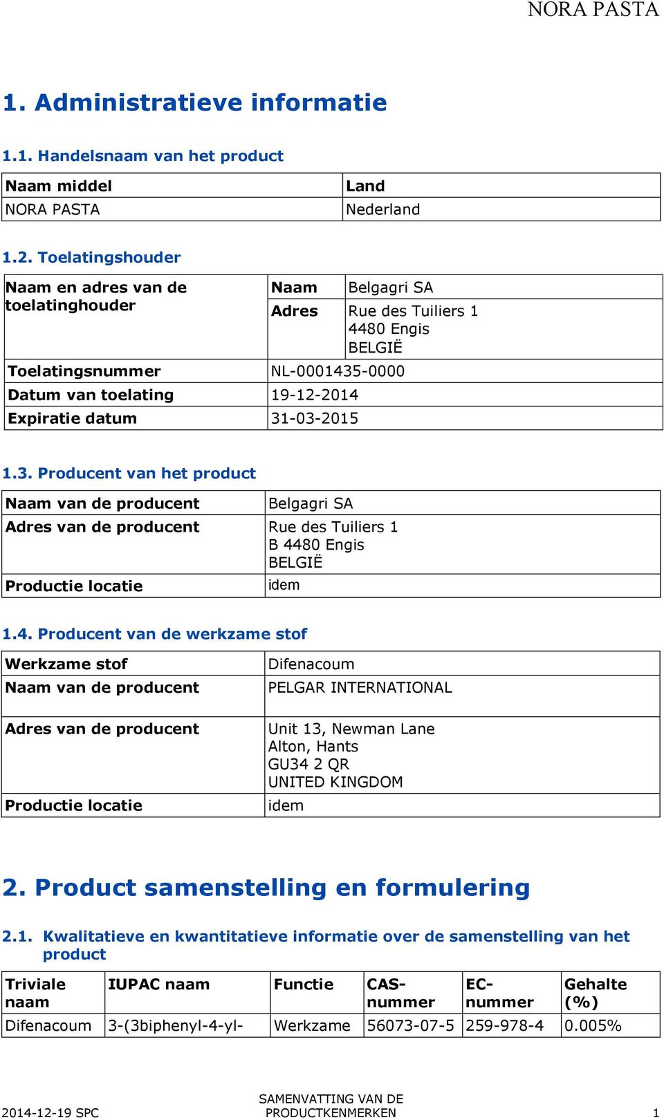 31-03-2015 1.3. Producent van het product Naam van de producent Belgagri SA Adres van de producent Rue des Tuiliers 1 B 44