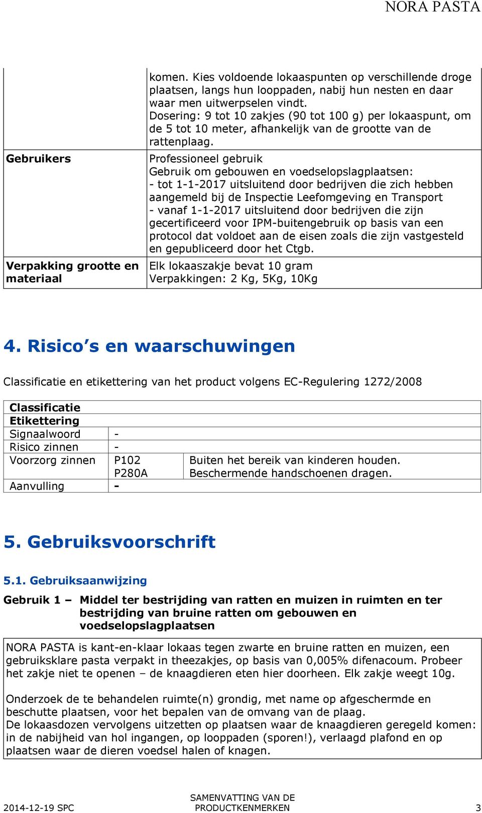 Professioneel gebruik Gebruik om gebouwen en voedselopslagplaatsen: - tot 1-1-2017 uitsluitend door bedrijven die zich hebben aangemeld bij de Inspectie Leefomgeving en Transport - vanaf 1-1-2017