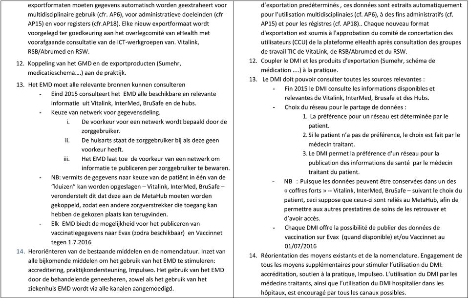 Koppeling van het GMD en de exportproducten (Sumehr, medicatieschema.) aan de praktijk. 13.