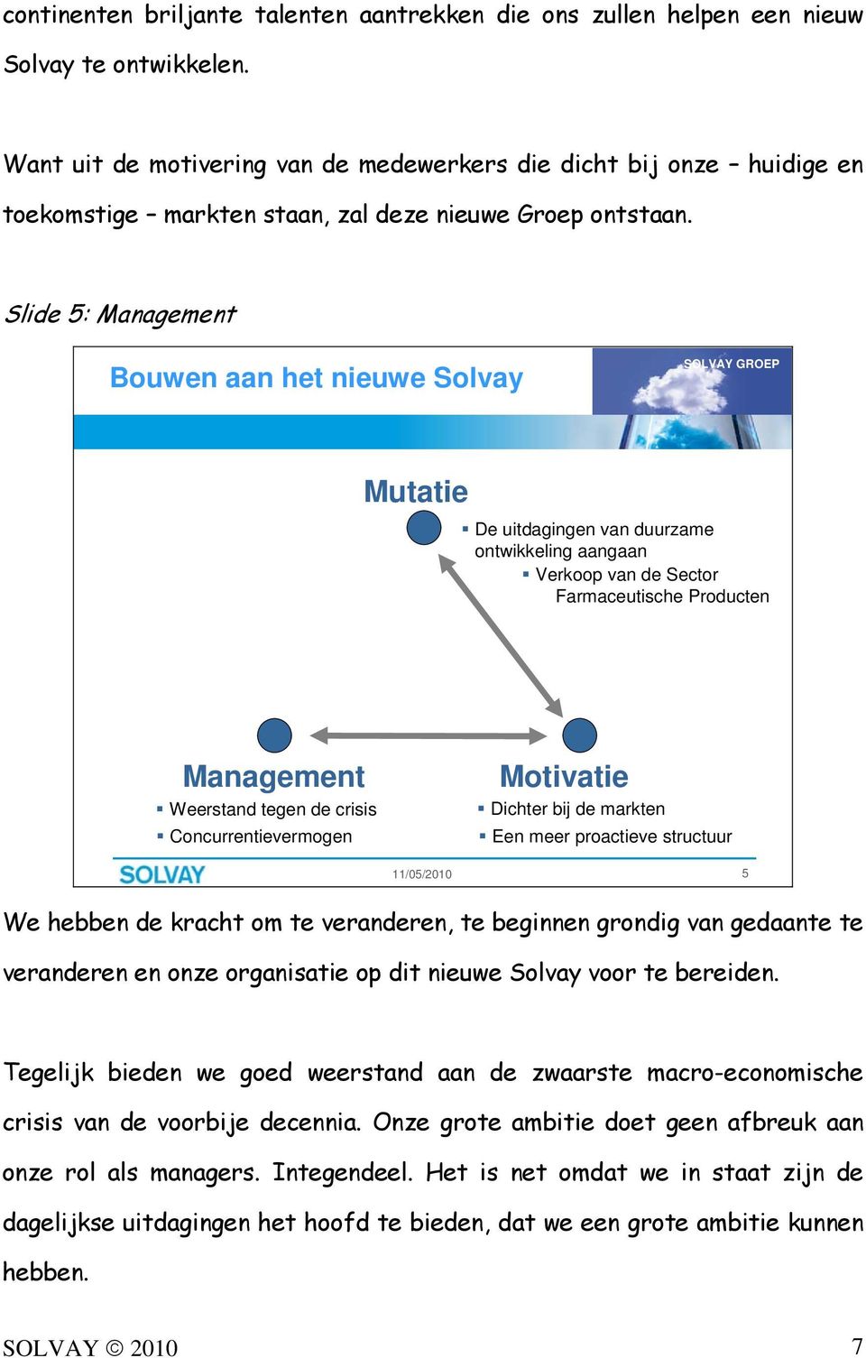 Slide 5: Management Bouwen aan het nieuwe Solvay SOLVAY GROEP Mutatie De uitdagingen van duurzame ontwikkeling aangaan Verkoop van de Sector Farmaceutische Producten Management Weerstand tegen de