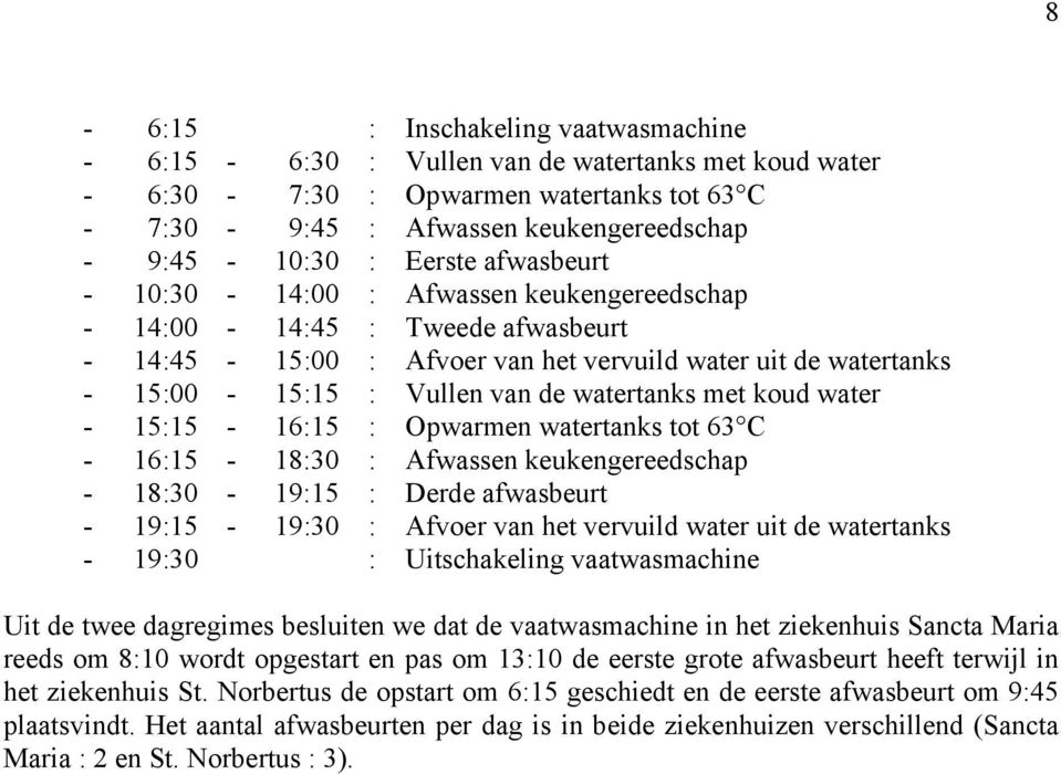 koud water - 15:15-16:15 : Opwarmen watertanks tot 63 C - 16:15-18:30 : Afwassen keukengereedschap - 18:30-19:15 : Derde afwasbeurt - 19:15-19:30 : Afvoer van het vervuild water uit de watertanks -