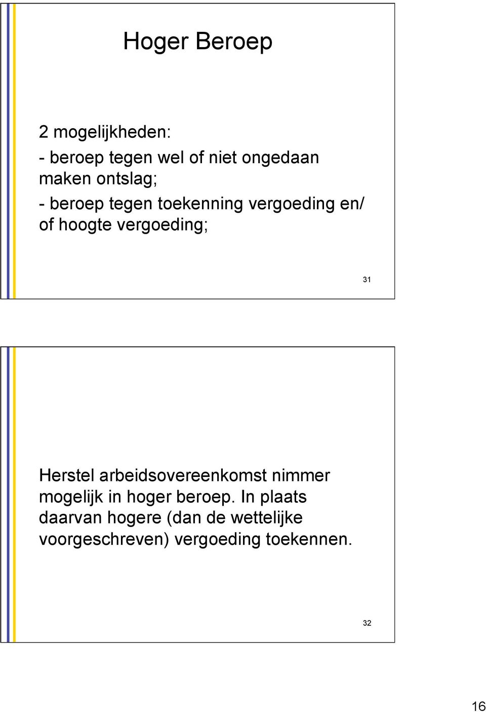 31 Herstel arbeidsovereenkomst nimmer mogelijk in hoger beroep.