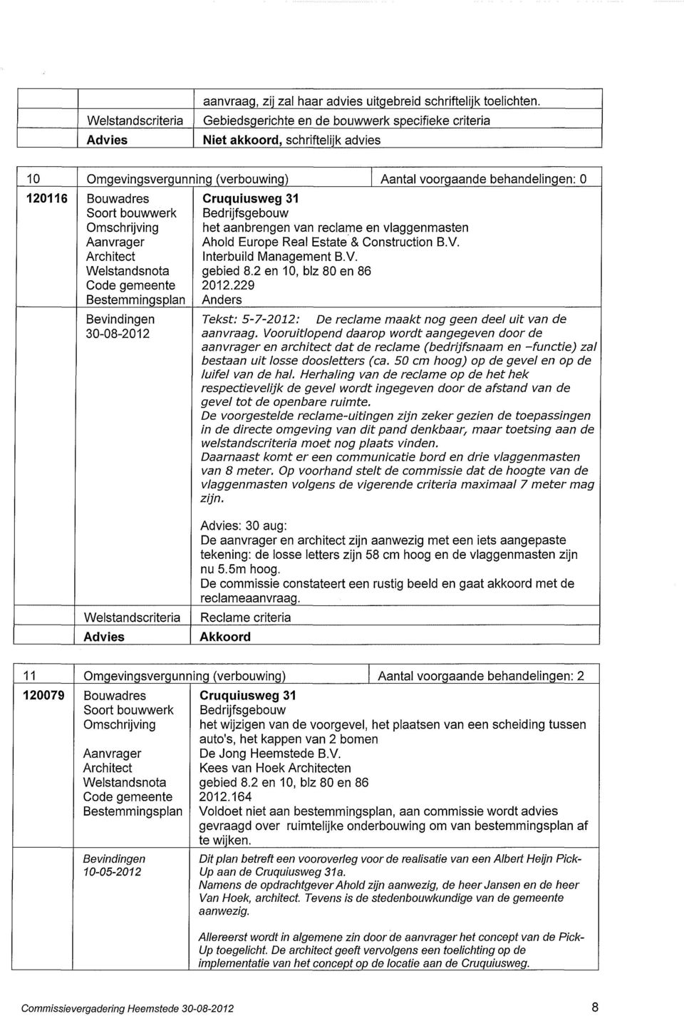 aanbrengen van reclame en vlaggenmasten Ahold Europe Real Estate & Construction B.V. Interbuild Management B.V. gebied 8.2 en 10, blz 80 en 86 2012.