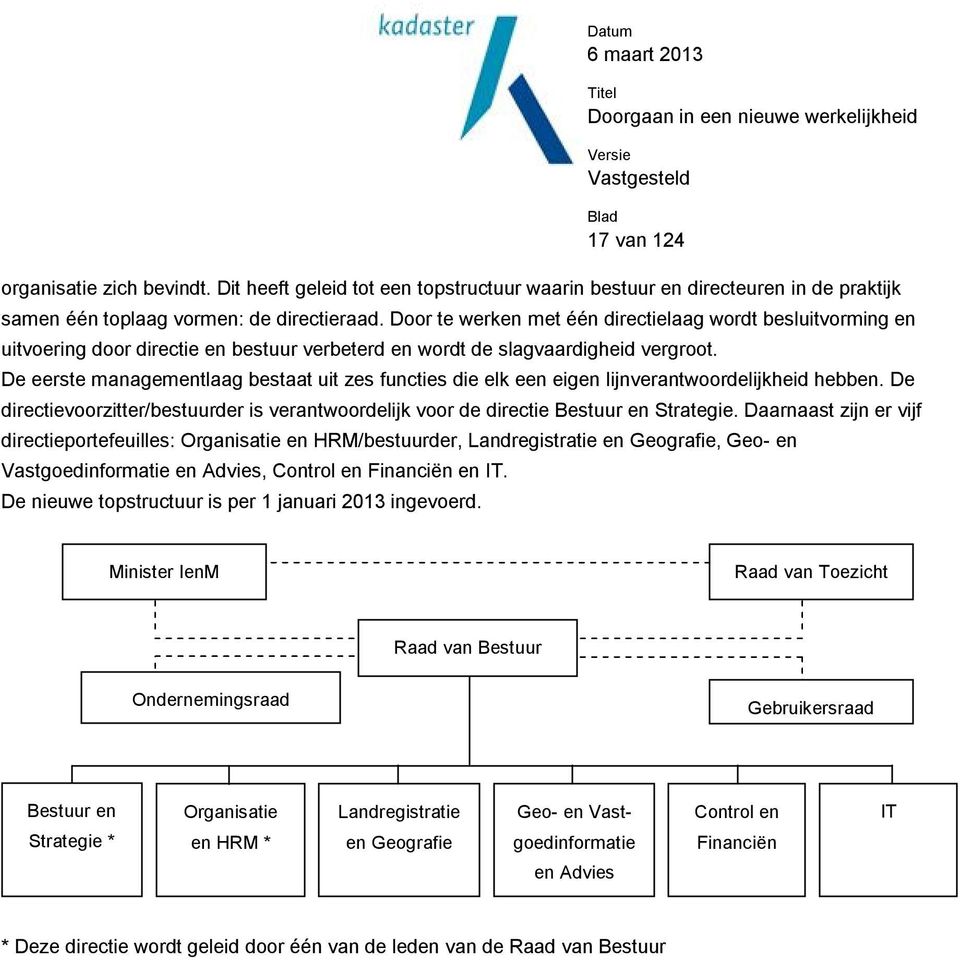 De eerste managementlaag bestaat uit zes functies die elk een eigen lijnverantwoordelijkheid hebben. De directievoorzitter/bestuurder is verantwoordelijk voor de directie Bestuur en Strategie.