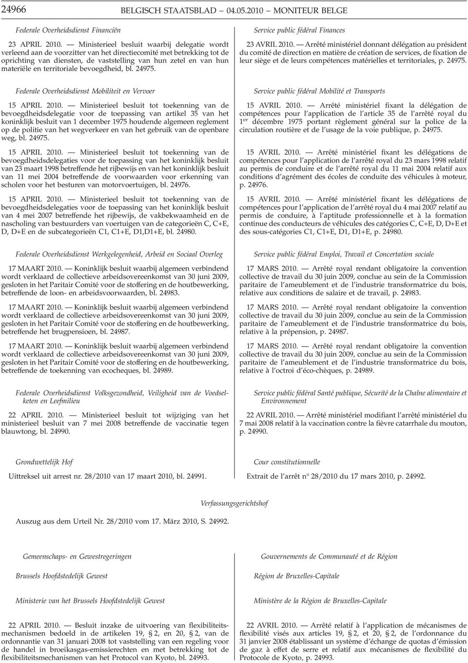 territoriale bevoegdheid, bl. 24975. Service public fédéral Finances 23 AVRIL 2010.