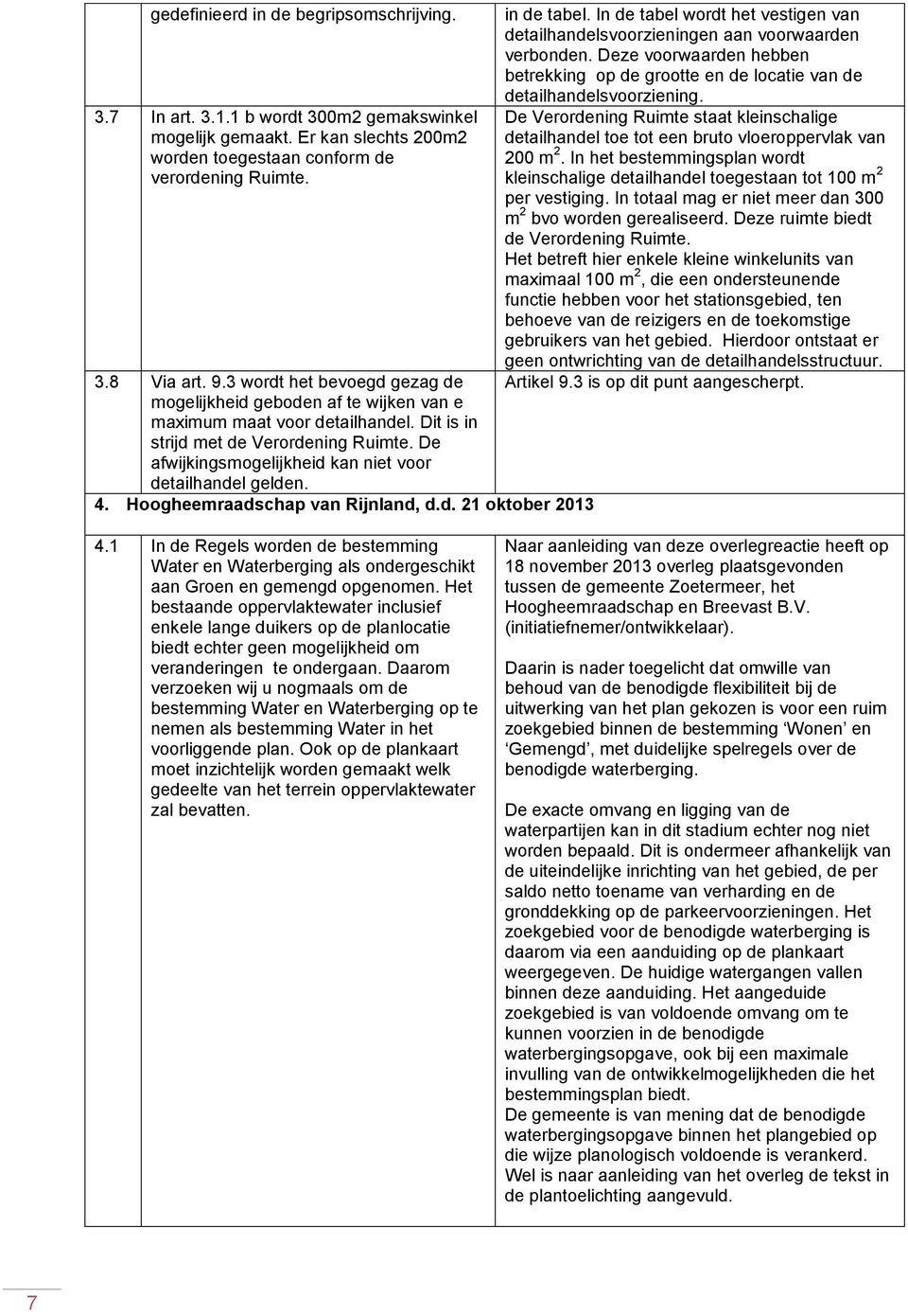 De afwijkingsmogelijkheid kan niet voor detailhandel gelden. 4. Hoogheemraadschap van Rijnland, d.d. 21 oktober 2013 in de tabel.