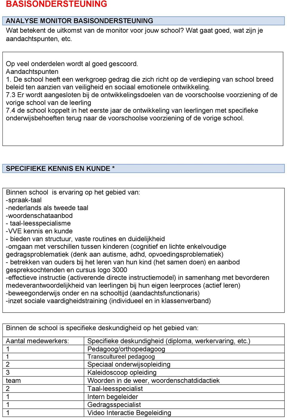 De school heeft een werkgroep gedrag die zich richt op de verdieping van school breed beleid ten aanzien van veiligheid en sociaal emotionele ontwikkeling. 7.