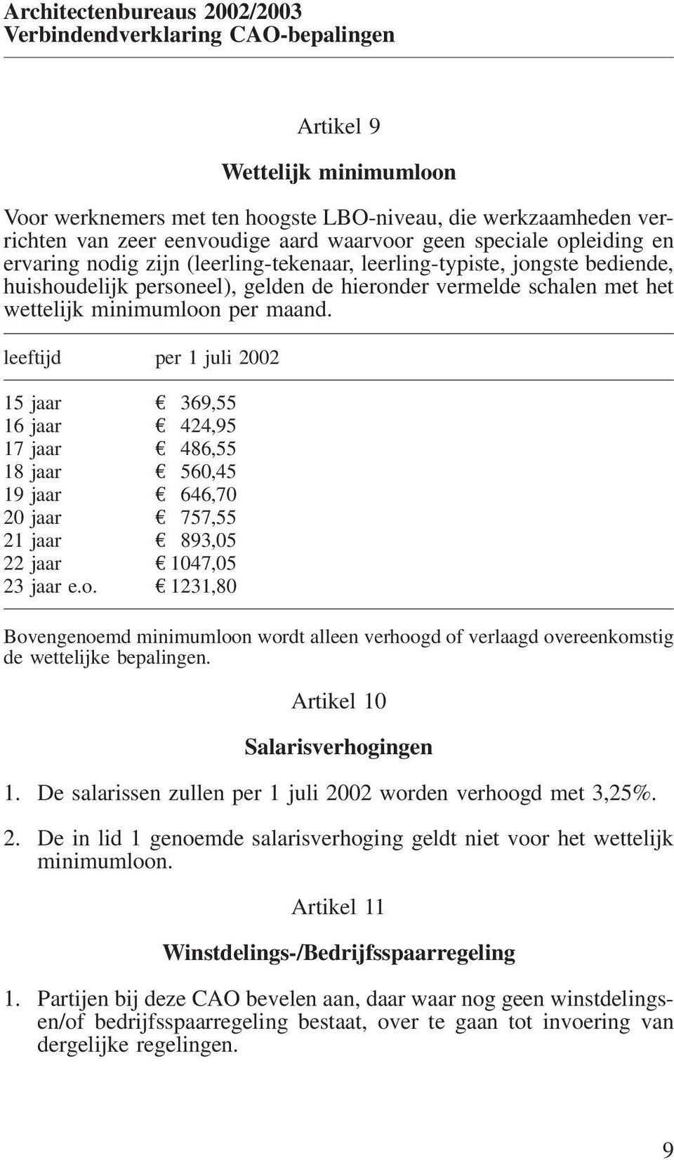 leeftijd per 1 juli 2002 15 jaar 369,55 16 jaar 424,95 17 jaar 486,55 18 jaar 560,45 19 jaar 646,70 20 jaar 757,55 21 jaar 893,05 22 jaar 1047,05 23 jaar e.o.