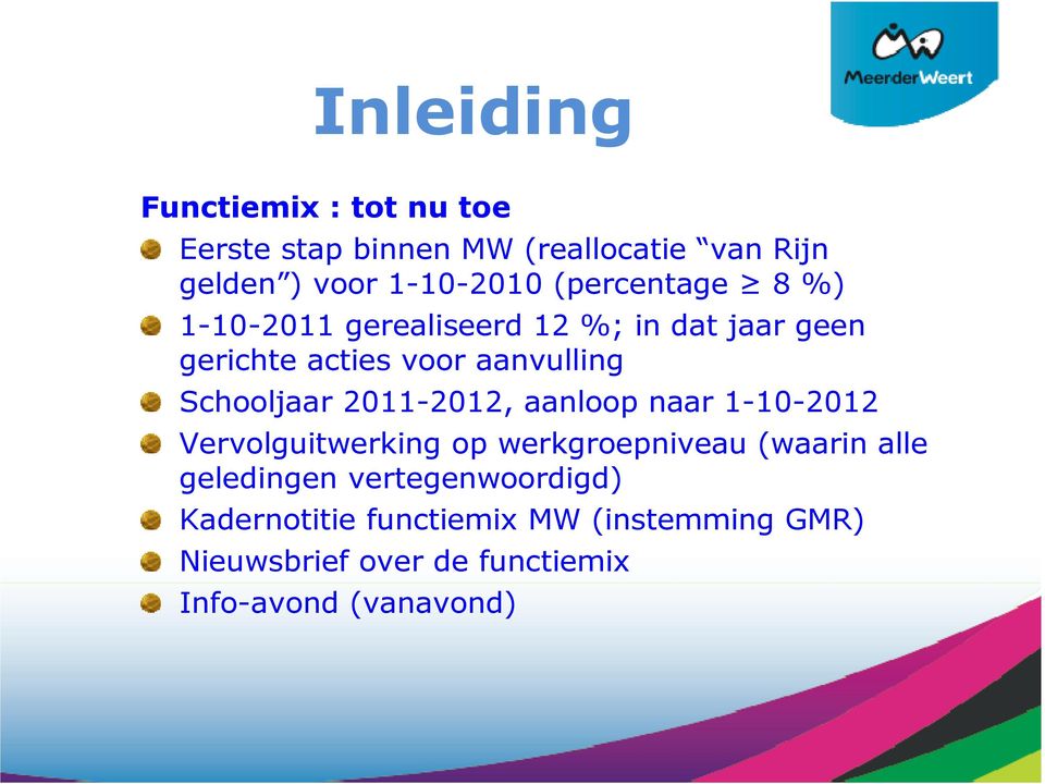 Schooljaar 2011-2012, aanloop naar 1-10-2012 Vervolguitwerking op werkgroepniveau (waarin alle