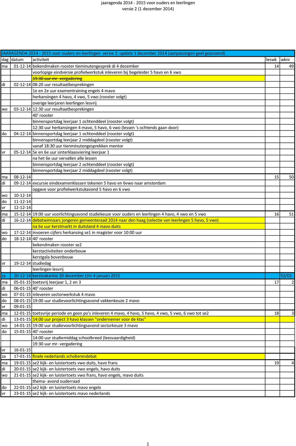 havo, 4 vwo, 5 vwo (rooster volgt) overige leerjaren leerlingen lesvrij wo 03-12-14 12:30 uur resultaatbesprekingen 40' rooster binnensportdag leerjaar 1 ochtenddeel (rooster volgt) 12:30 uur