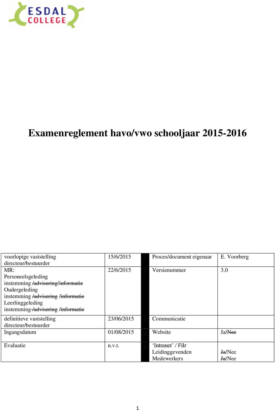 15/6/2015 Proces/document eigenaar E. Voorberg 22/6/2015 Versienummer 3.