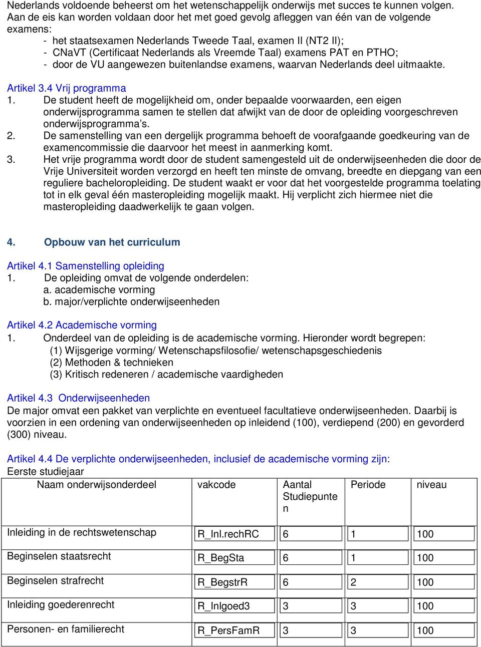 Vreemde Taal) examens PAT en PTHO; - door de VU aangewezen buitenlandse examens, waarvan Nederlands deel uitmaakte. Artikel 3.4 Vrij programma 1.
