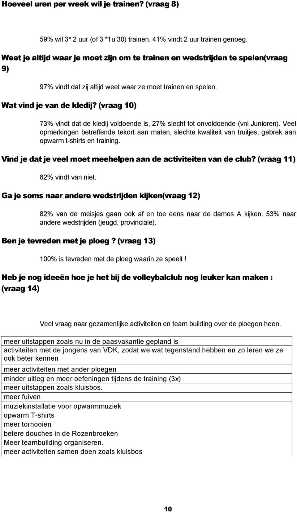 (vraag 10) 73% vindt dat de kledij voldoende is, 27% slecht tot onvoldoende (vnl Junioren).