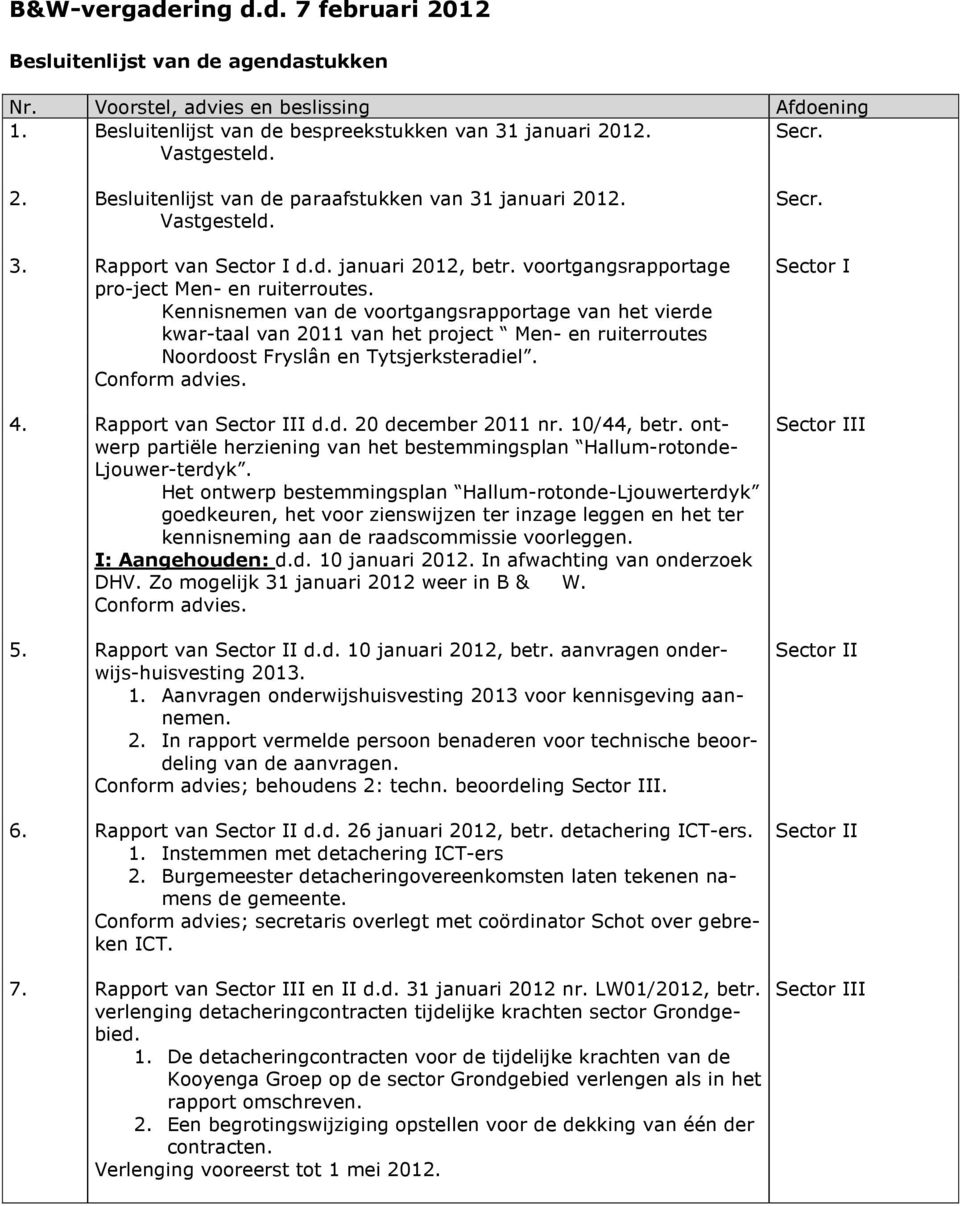 Kennisnemen van de voortgangsrapportage van het vierde kwar-taal van 2011 van het project Men- en ruiterroutes Noordoost Fryslân en Tytsjerksteradiel. Conform advies. 4. Rapport van II d.d. 20 december 2011 nr.