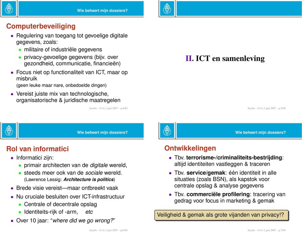 juridische maatregelen Jacobs UvA 1 juni 2007 p.4/40 II. ICT en samenleving Jacobs UvA 1 juni 2007 p.