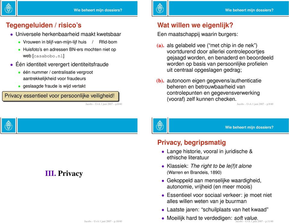 Jacobs UvA 1 juni 2007 p.8/40 Wat willen we eigenlijk? Een maatschappij waarin burgers: (a).