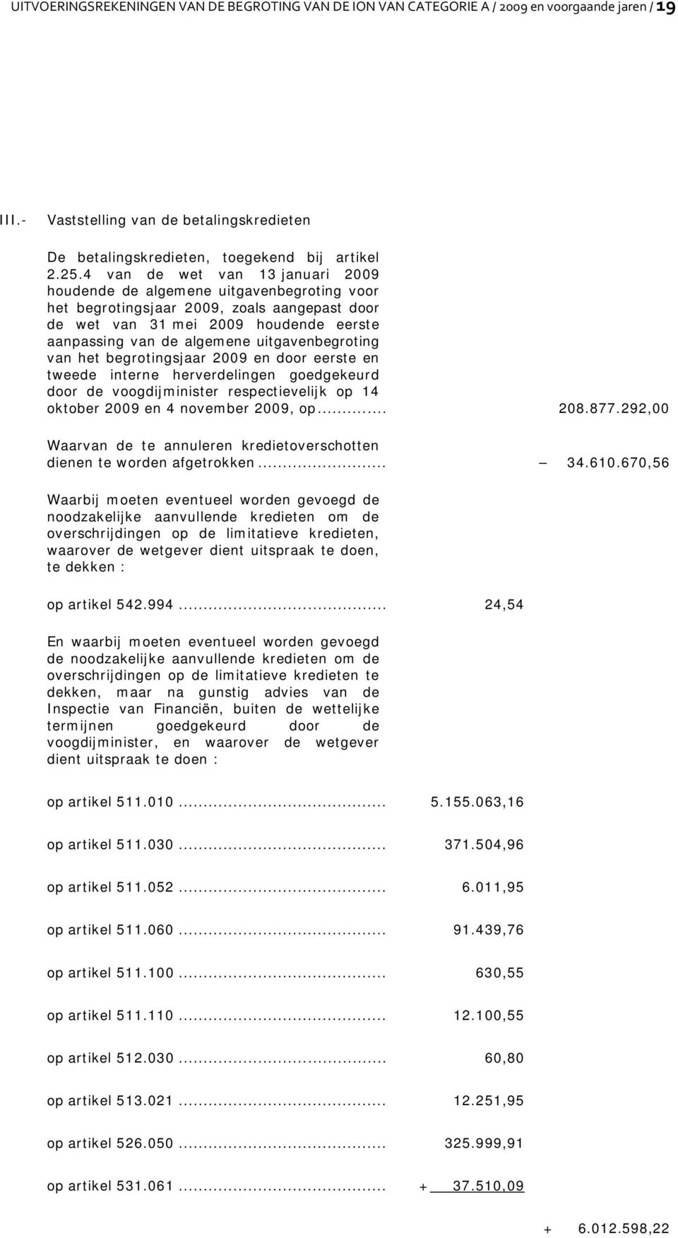 uitgavenbegroting van het begrotingsjaar 2009 en door eerste en tweede interne herverdelingen goedgekeurd door de voogdijminister respectievelijk op 14 oktober 2009 en 4 november 2009, op... 208.877.