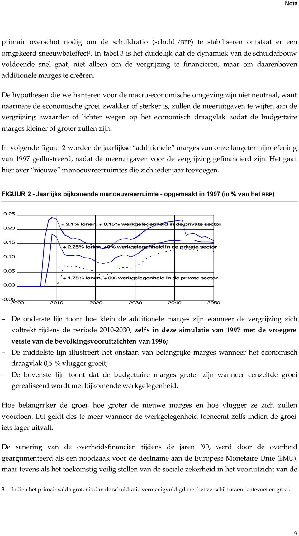 De hypothesen die we hanteren voor de macro-economische omgeving zijn niet neutraal, want naarmate de economische groei zwakker of sterker is, zullen de meeruitgaven te wijten aan de vergrijzing