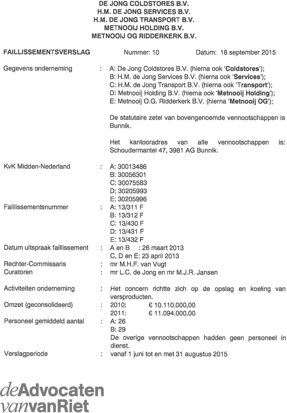 G. Ridderkerk B.V. (hierna Metnooij OG ); De statutaire zetel van bovengenoemde vennootschappen is Bunnik. Het kantooradres van alle vennootschappen is: Schoudermantel 47, 3981 AG Bunnik.