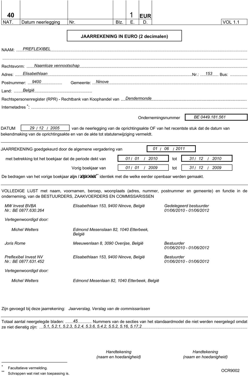 561 DATUM 29 / 12 / 2005 van de neerlegging van de oprichtingsakte OF van het recentste stuk dat de datum van bekendmaking van de oprichtingsakte en van de akte tot statutenwijziging vermeldt.