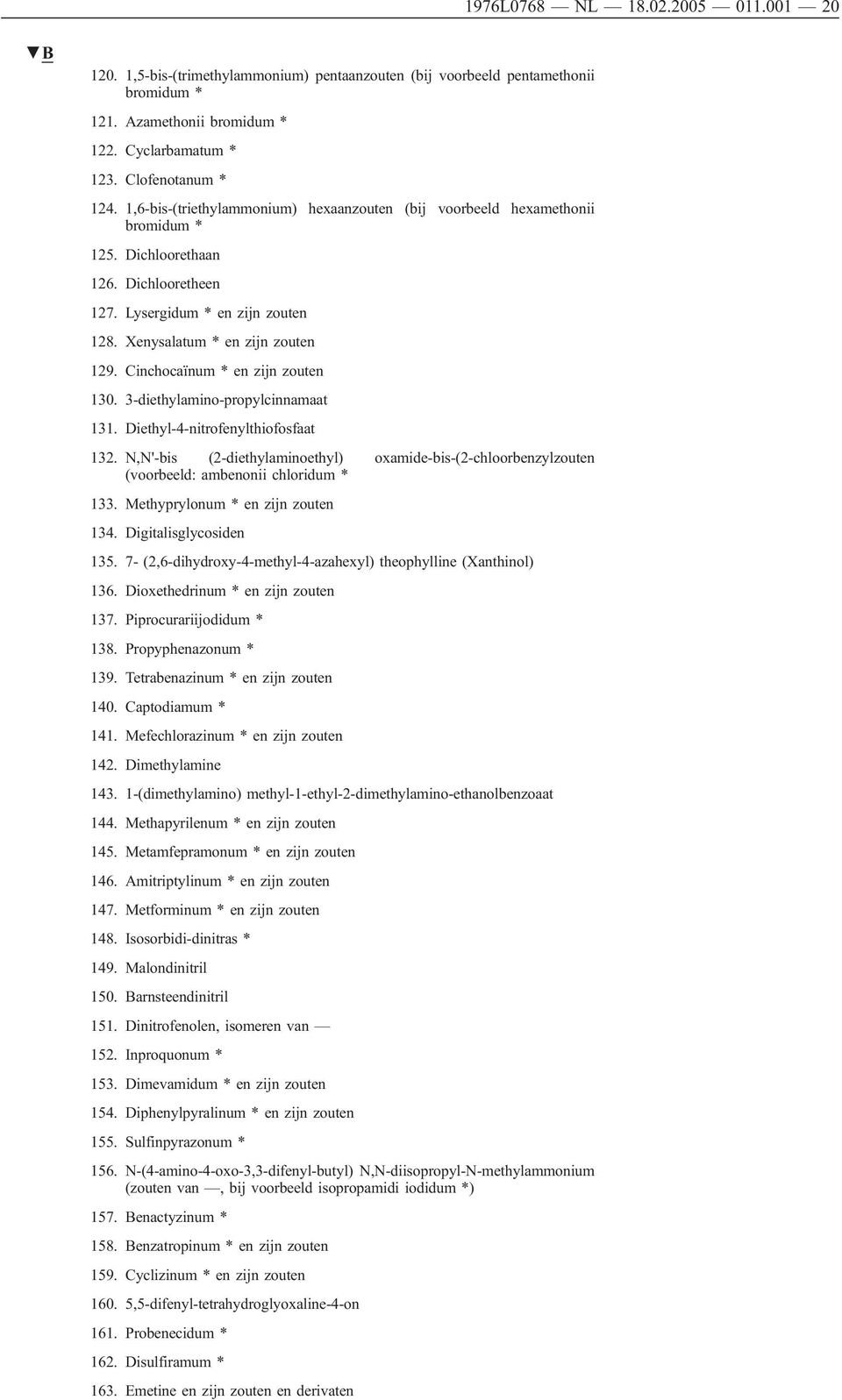 Cinchocaïnum * en zĳn zouten 130. 3-diethylamino-propylcinnamaat 131. Diethyl-4-nitrofenylthiofosfaat 132.