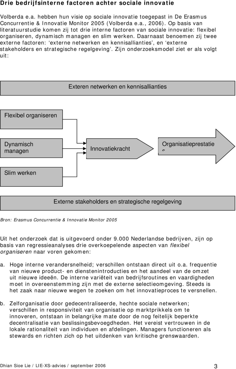 Daarnaast benoemen zij twee externe factoren: externe netwerken en kennisallianties, en externe stakeholders en strategische regelgeving.