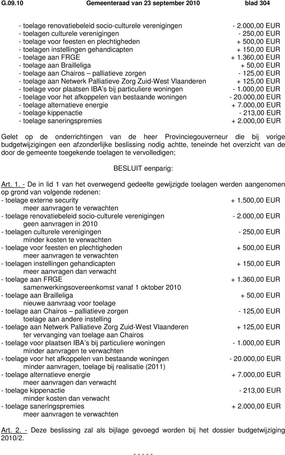 360,00 EUR - toelage aan Brailleliga + 50,00 EUR - toelage aan Chairos palliatieve zorgen - 125,00 EUR - toelage aan Netwerk Palliatieve Zorg Zuid-West Vlaanderen + 125,00 EUR - toelage voor plaatsen