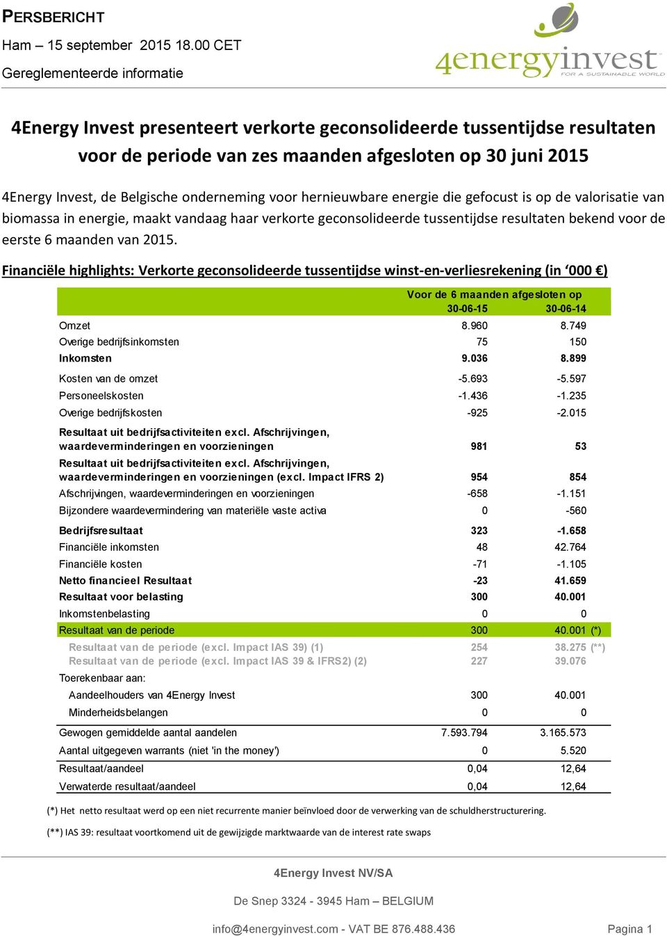 Financiële highlights: Verkorte geconsolideerde tussentijdse winst-en-verliesrekening (in 000 ) Voor de 6 maanden afgesloten op 30-06-15 30-06-14 Omzet 8.960 8.
