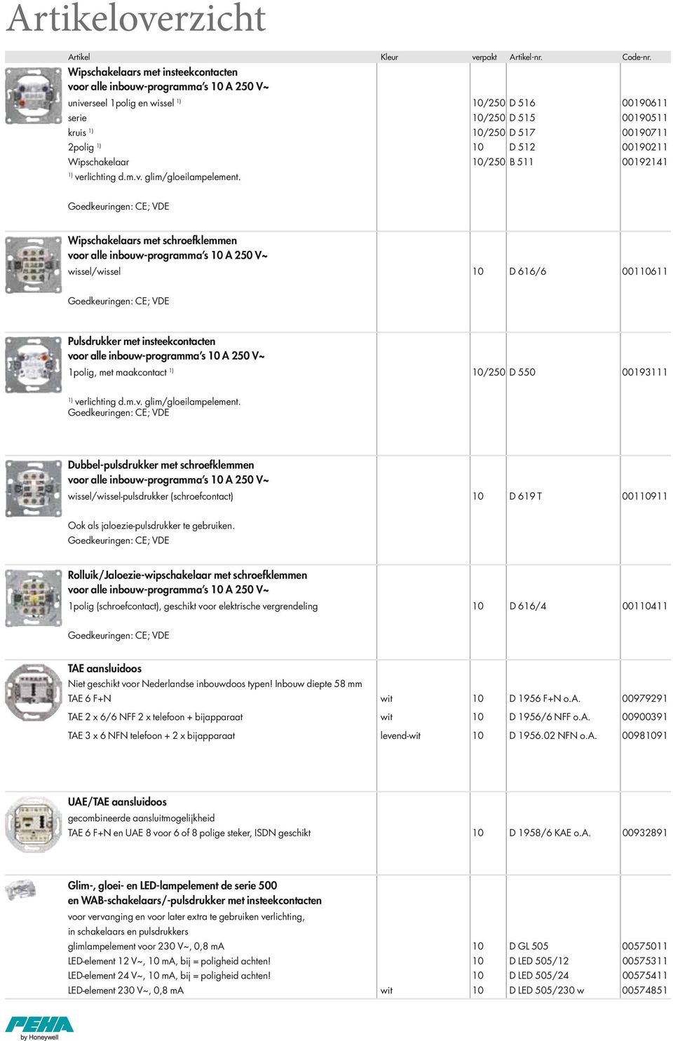 10 D 512 00190211 Wipschakelaar 10/250 B 511 00192141 1) verlichting d.m.v. glim/gloeilampelement.