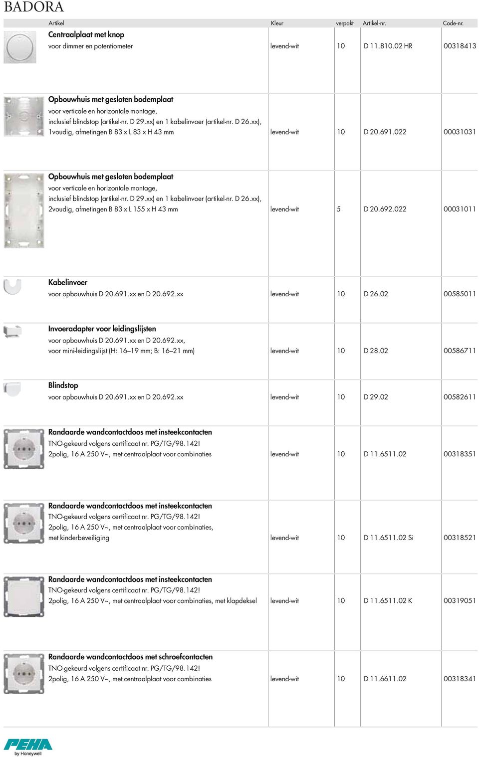 xx), 1voudig, afmetingen B 83 x L 83 x H 43 mm levend-wit 10 D 20.691.022 00031031 Opbouwhuis met gesloten bodemplaat voor verticale en horizontale montage, inclusief blindstop (artikel-nr. D 29.