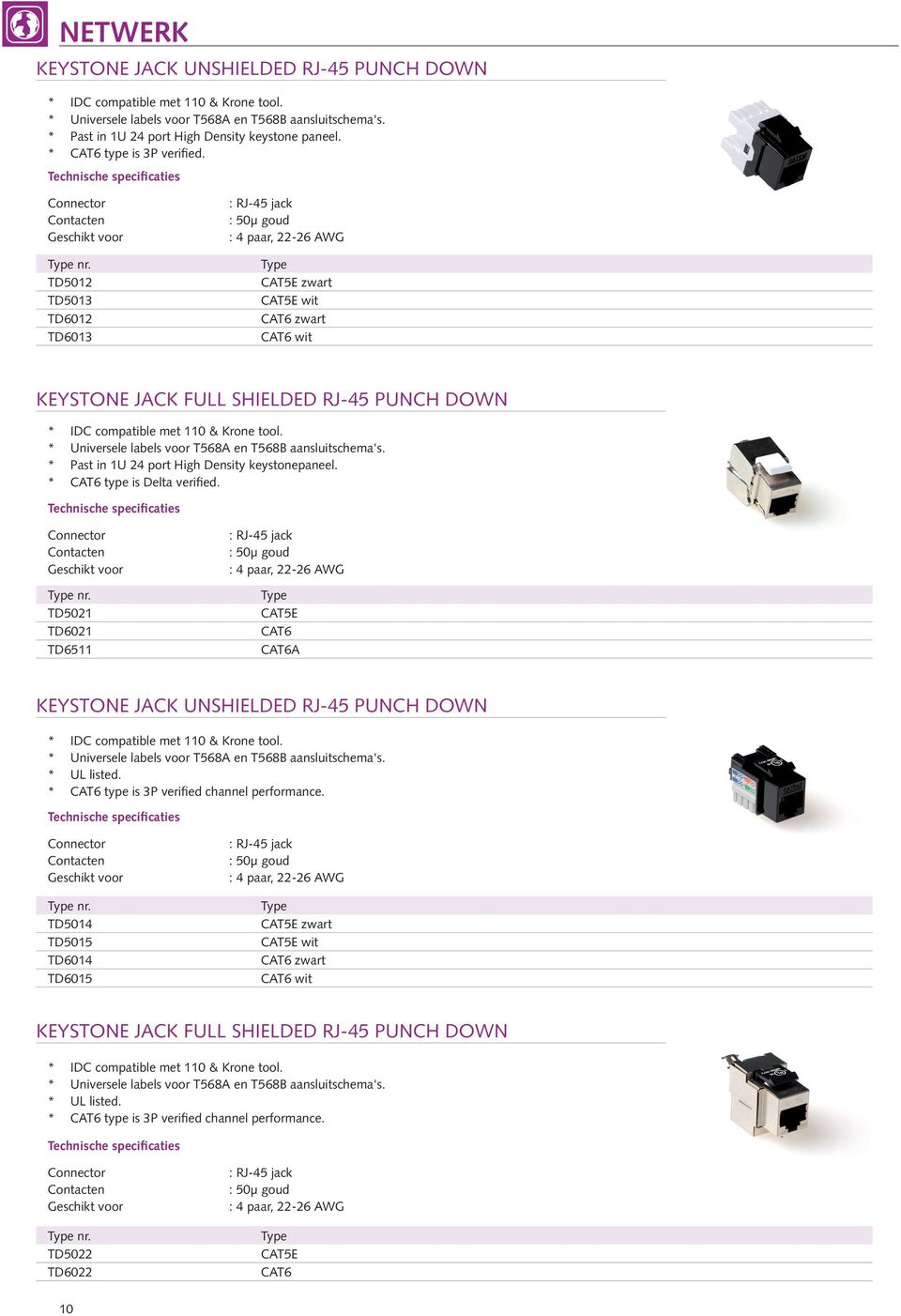 Connector Contacten TD5012 TD5013 TD6012 TD6013 : RJ-45 jack : 50µ goud : 4 paar, 22-26 AWG CAT5E zwart CAT5E wit CAT6 zwart CAT6 wit KEYSTONE JACK FULL SHIELDED RJ-45 PUNCH DOWN * IDC compatible met