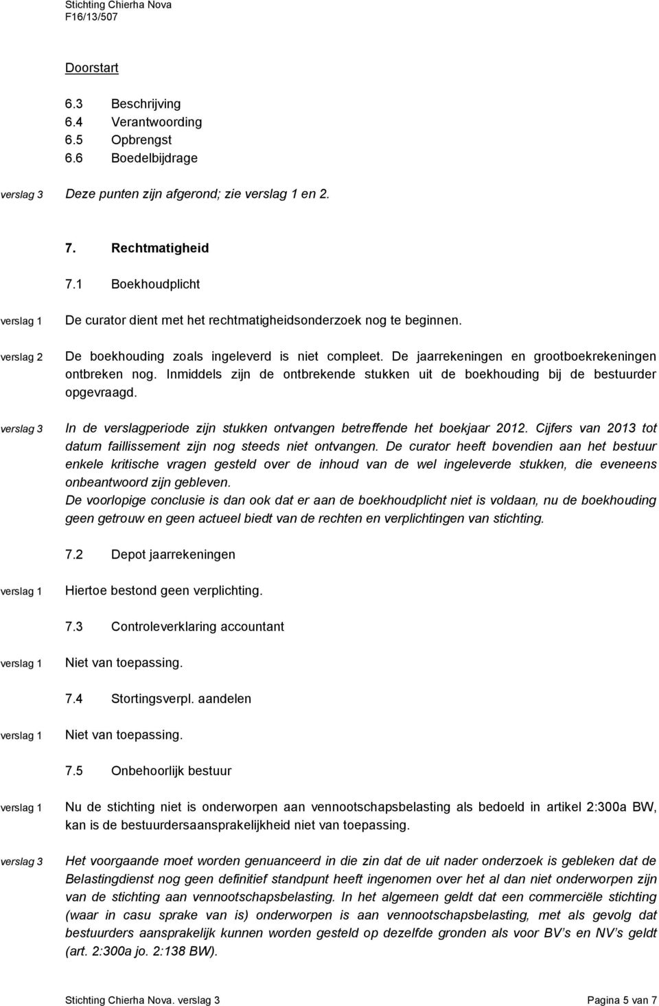 Inmiddels zijn de ontbrekende stukken uit de boekhouding bij de bestuurder opgevraagd. In de verslagperiode zijn stukken ontvangen betreffende het boekjaar 2012.