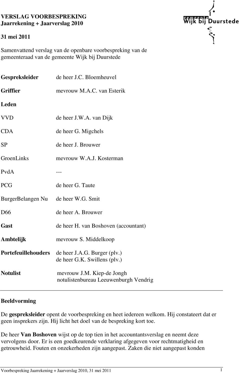 Taute de heer W.G. Smit de heer A. Brouwer de heer H. van Boshoven (accountant) mevrouw S. Mi