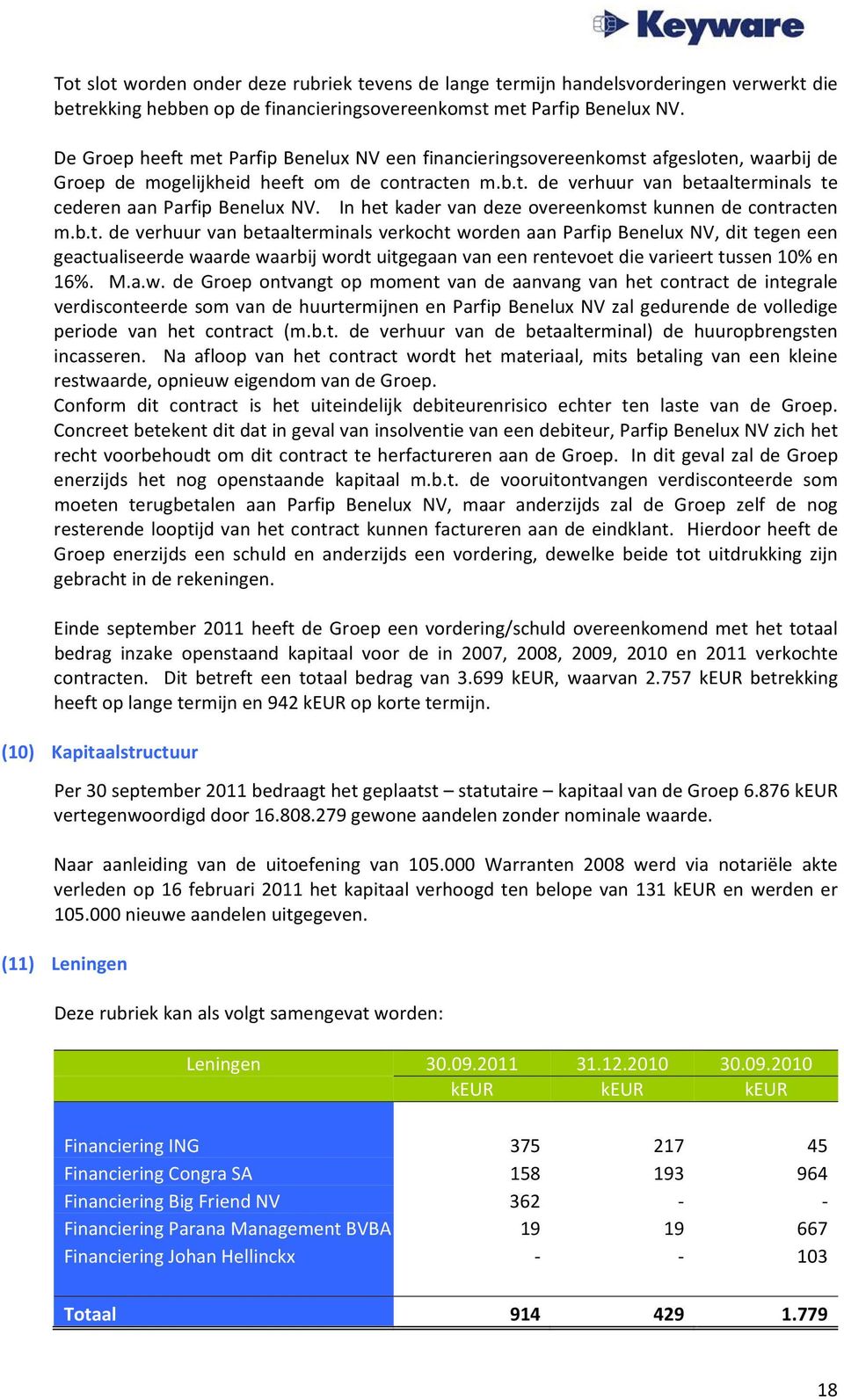 In het kader van deze overeenkomst kunnen de contracten m.b.t. de verhuur van betaalterminals verkocht worden aan Parfip Benelux NV, dit tegen een geactualiseerde waarde waarbij wordt uitgegaan van een rentevoet die varieert tussen 10% en 16%.