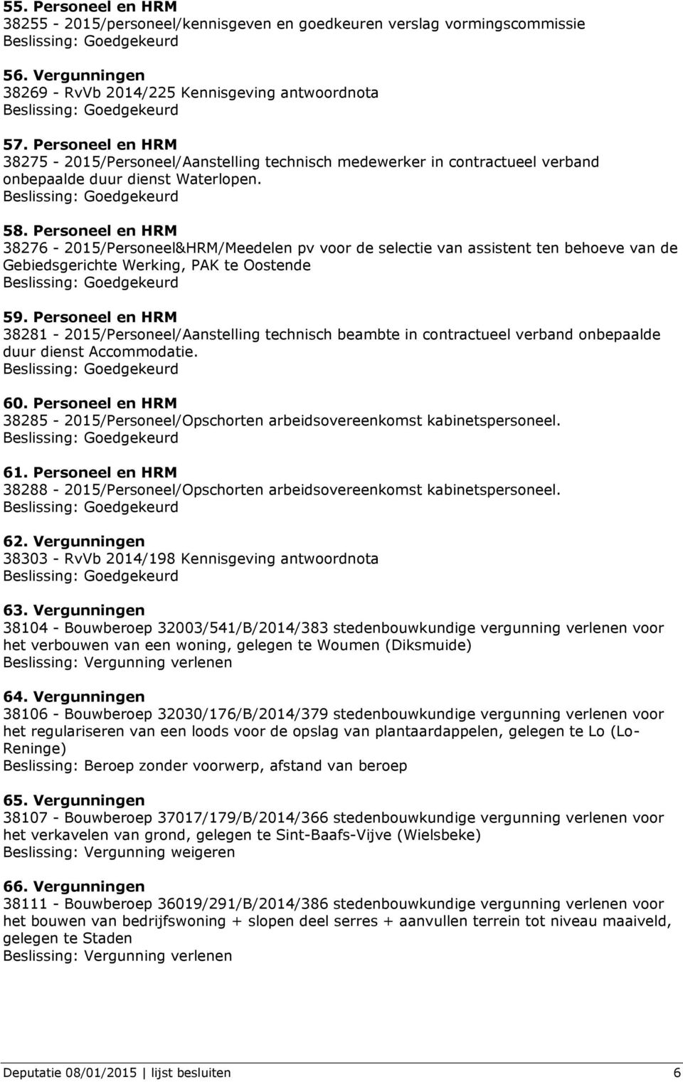 Personeel en HRM 38276-2015/Personeel&HRM/Meedelen pv voor de selectie van assistent ten behoeve van de Gebiedsgerichte Werking, PAK te Oostende 59.