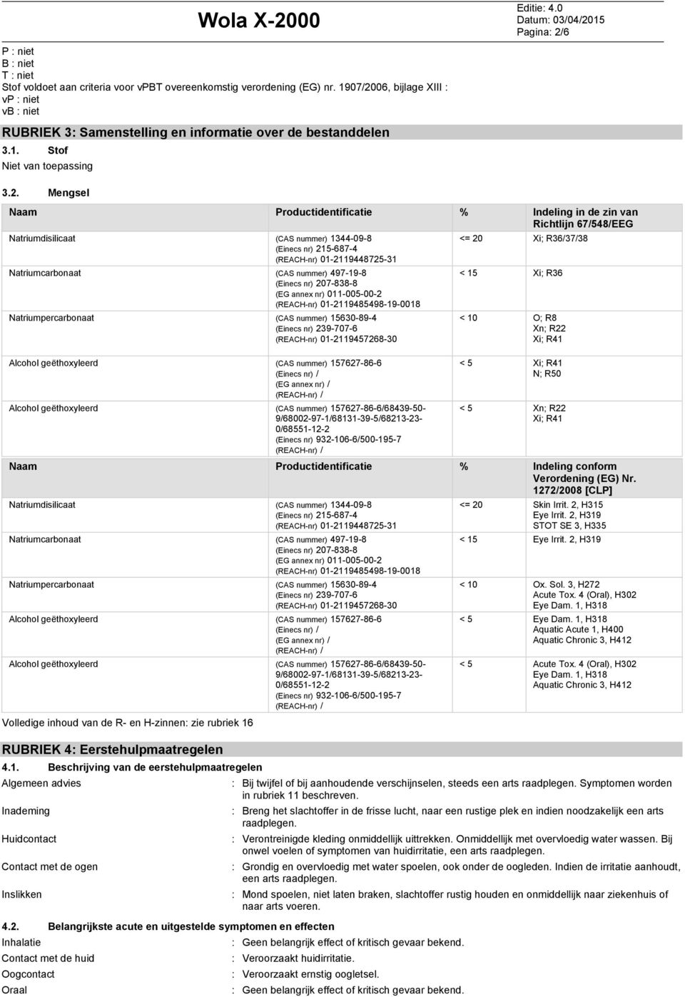 06, bijlage XIII : vp : niet vb : niet RUBRIEK 3: Samenstelling en informatie over de bestanddelen 3.1. Stof Niet van toepassing 3.2.