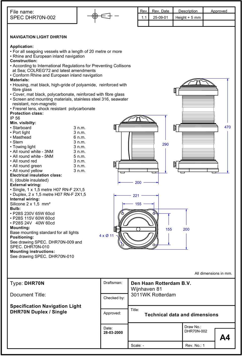 Regulations for Preventing Collisons at Sea; COLREG'72 and latest amendments Conform Rhine and European inland navigation Materials: Housing, mat black, high-gride of polyamide, reinforced with fibre