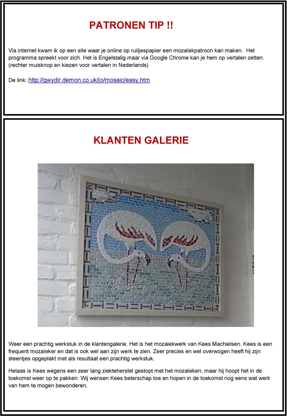 htm KLANTEN GALERIE Weer een prachtig werkstuk in de klantengalerie. Het is het mozaiekwerk van Kees Machielsen. Kees is een frequent mozaïeker en dat is ook wel aan zijn werk te zien.