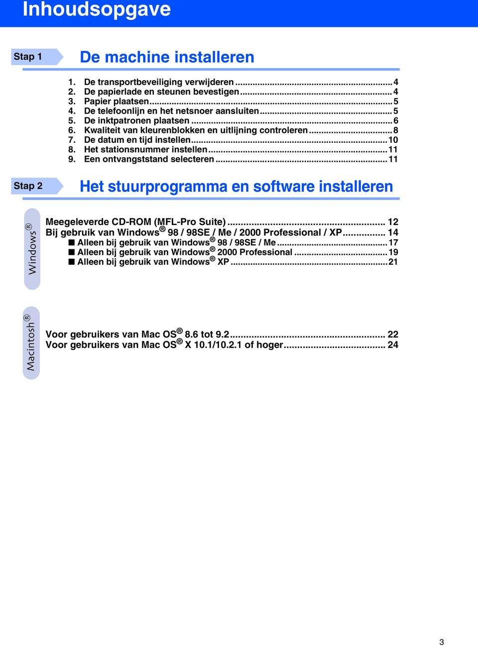 Een ontvangststand selecteren...11 Stap 2 Het stuurprogramma en software installeren Meegeleverde CD-ROM (MFL-Pro Suite)... 12 Bij gebruik van Windows 98 / 98SE / Me / 2000 Professional / XP.