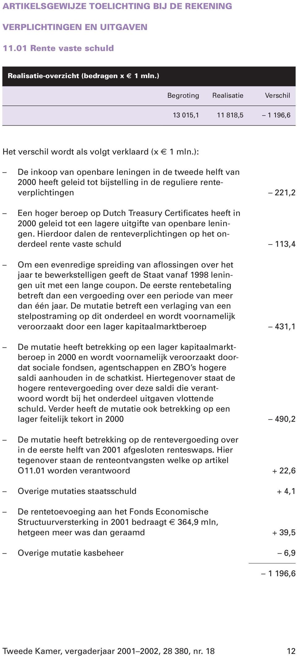 ): De inkoop van openbare leningen in de tweede helft van 2000 heeft geleid tot bijstelling in de reguliere renteverplichtingen 221,2 Een hoger beroep op Dutch Treasury Certificates heeft in 2000