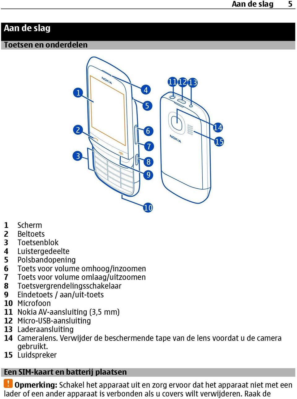 Micro-USB-aansluiting 13 Laderaansluiting 14 Cameralens. Verwijder de beschermende tape van de lens voordat u de camera gebruikt.