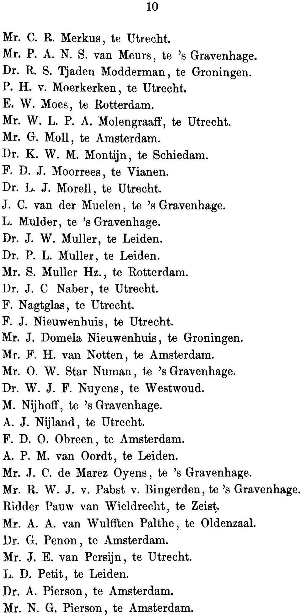 Dr. P. L. Muller, to Leiden. Mr. S. Muller Hz., to Rotterdam. Dr. J. C Naber, to Utrecht. F. Nagtglas, to Utrecht. F. J. Nieuwenhuis, to Utrecht. Mr. J. Domela Nieuwenhuis, to Groningen. Mr. F.. H. van Notten, to Amsterdam.