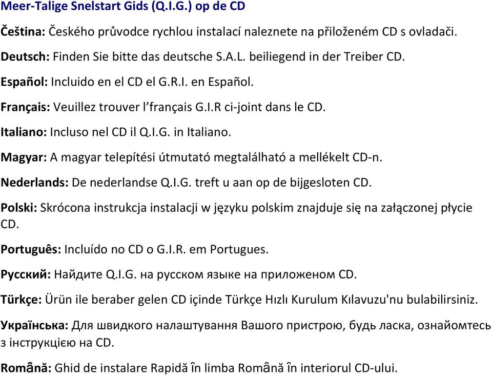 Magyar: A magyar telepítési útmutató megtalálható a mellékelt CD n. Nederlands: De nederlandse Q.I.G. treft u aan op de bijgesloten CD.