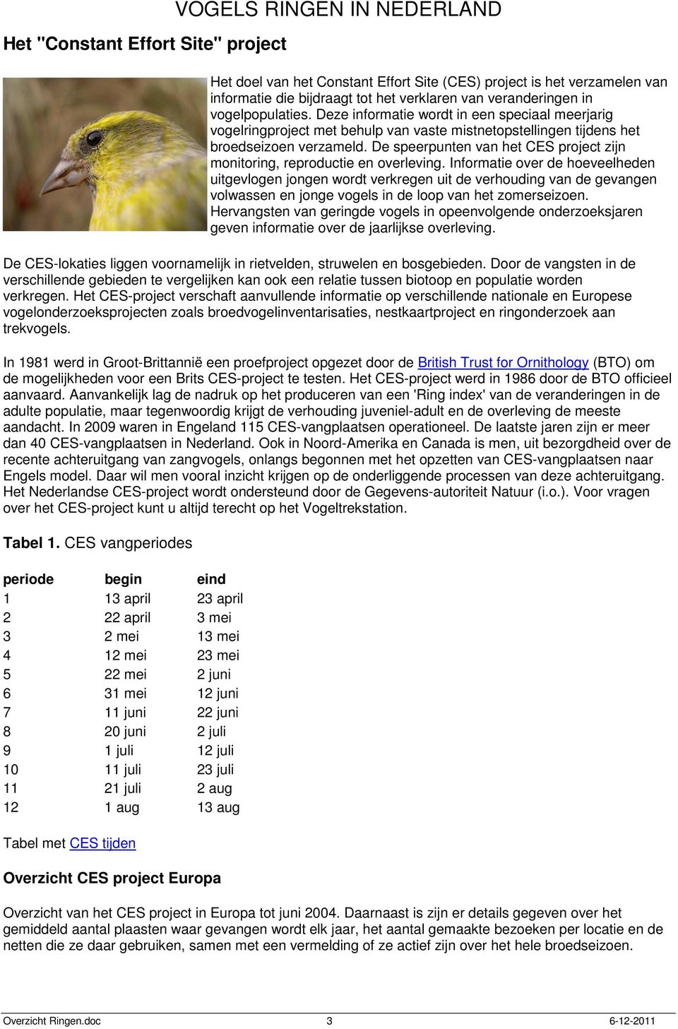 De speerpunten van het CES project zijn monitoring, reproductie en overleving.