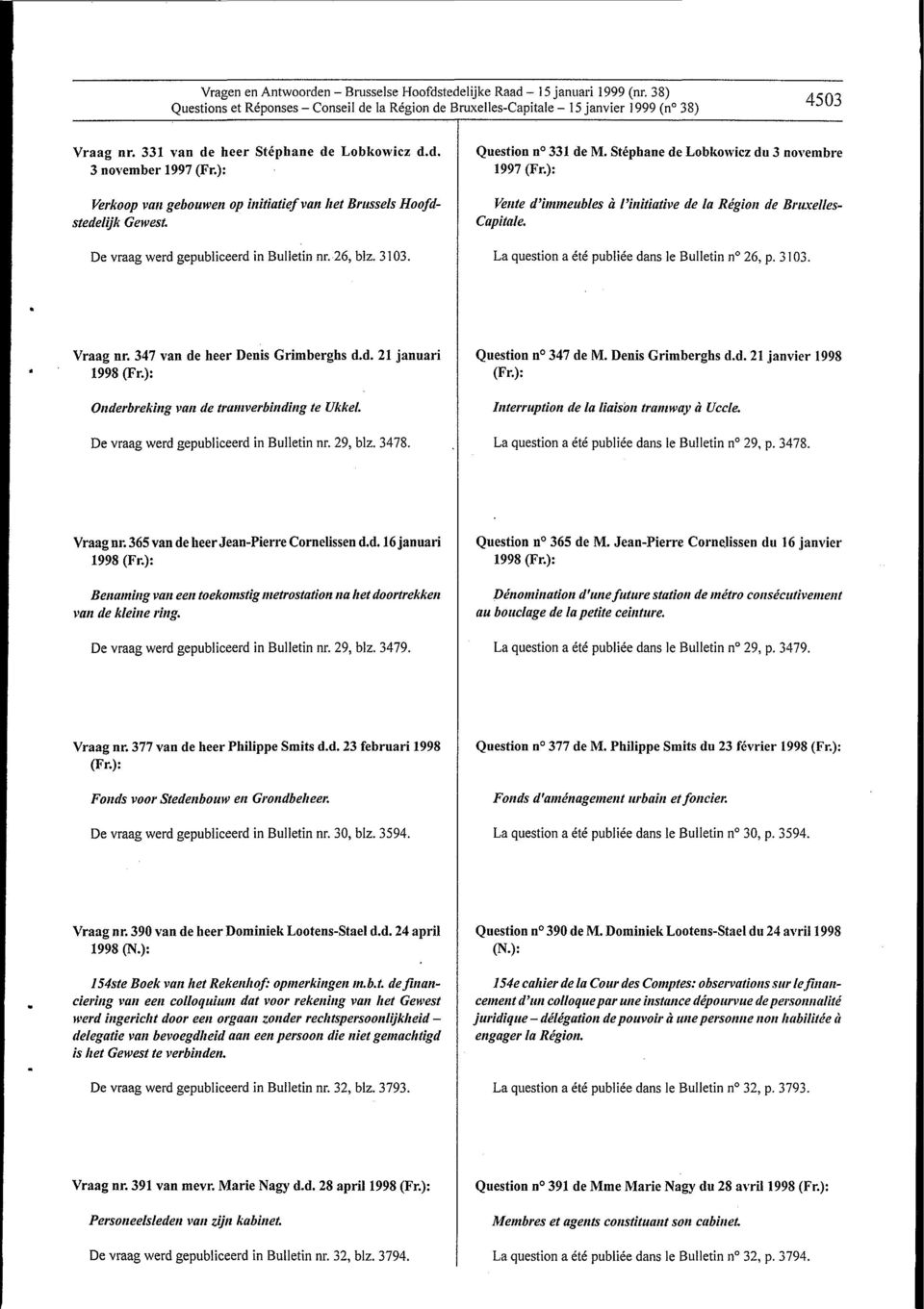 La question a ete publiee dans Ie Bulletin n 26, p. 3103. Vraag nr. 347 van de heer Denis Grimberghs d.d. 21 januari Onderbreking van de tramverblnding te Ukkel.