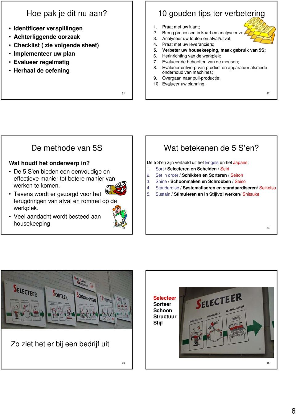 Herinrichting van de werkplek; 7. Evalueer de behoeften van de mensen; 8. Evalueer ontwerp van product en apparatuur alsmede onderhoud van machines; 9. Overgaan naar pull-productie; 10.