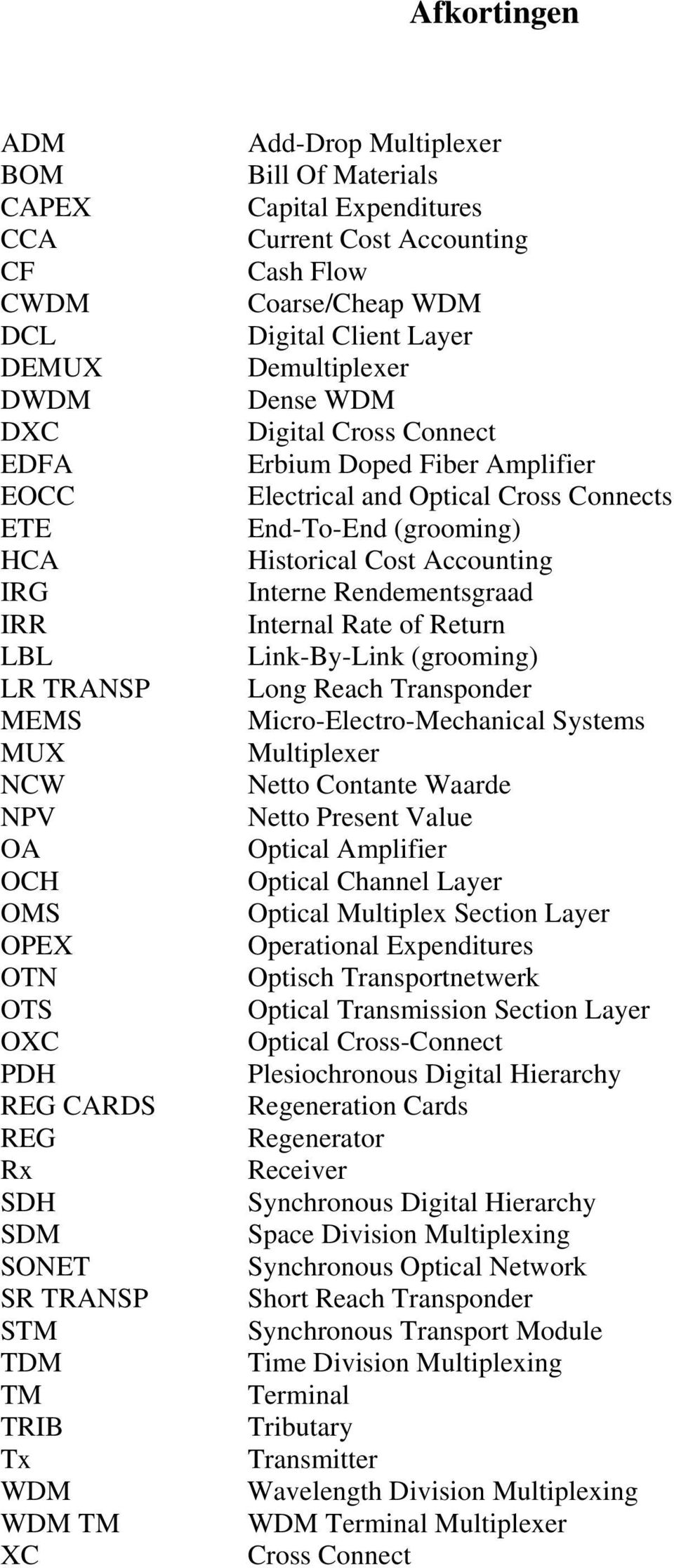 Erbium Doped Fiber Amplifier Electrical and Optical Cross Connects End-To-End (grooming) Historical Cost Accounting Interne Rendementsgraad Internal Rate of Return Link-By-Link (grooming) Long Reach