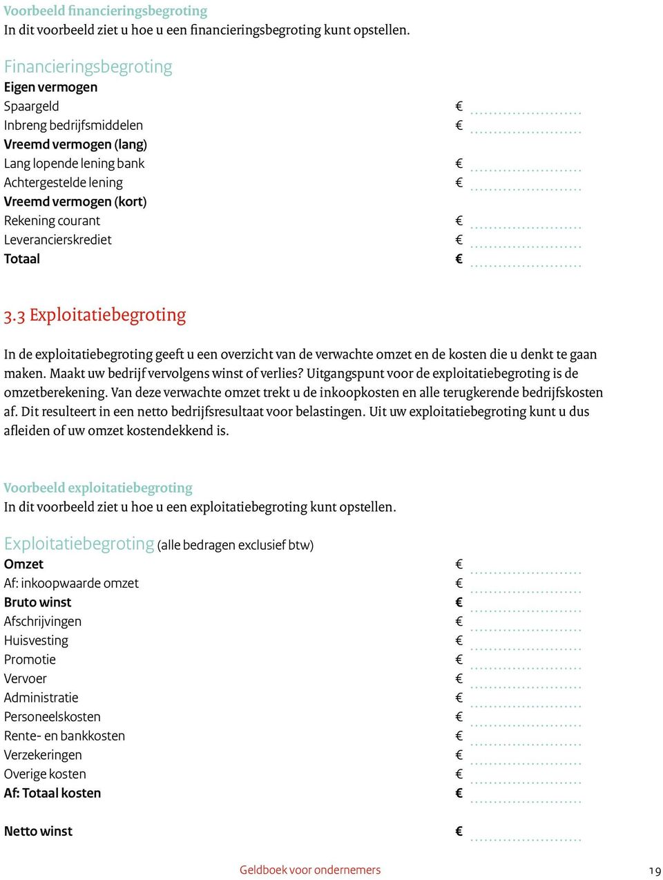 Leverancierskrediet Totaal 3.3 Exploitatiebegroting In de exploitatiebegroting geeft u een overzicht van de verwachte omzet en de kosten die u denkt te gaan maken.