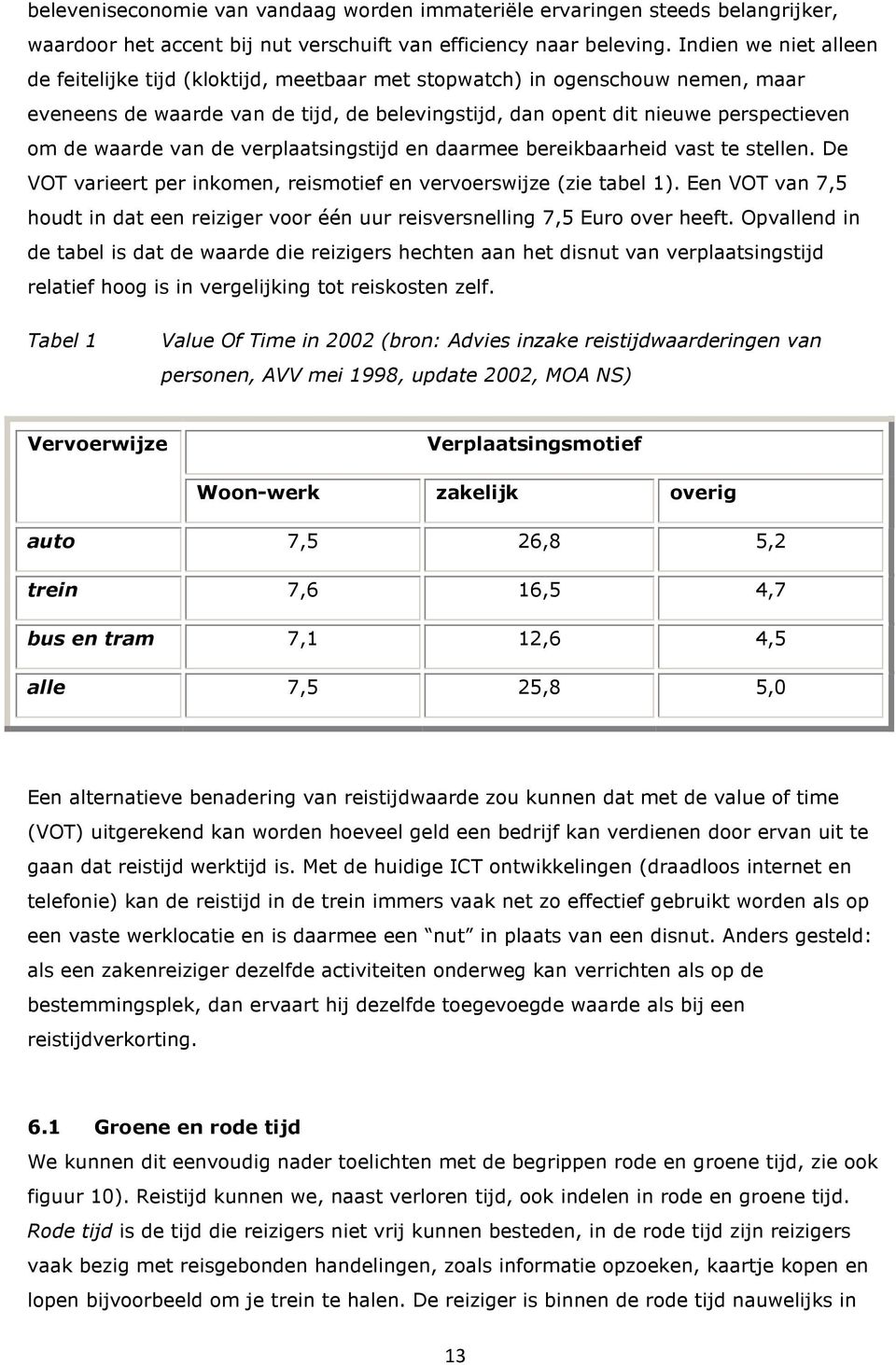 van de verplaatsingstijd en daarmee bereikbaarheid vast te stellen. De VOT varieert per inkomen, reismotief en vervoerswijze (zie tabel 1).